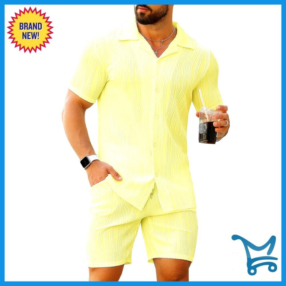 Men's Short Sleeve Button Down Shirt and Shorts Set, Casual Outfit